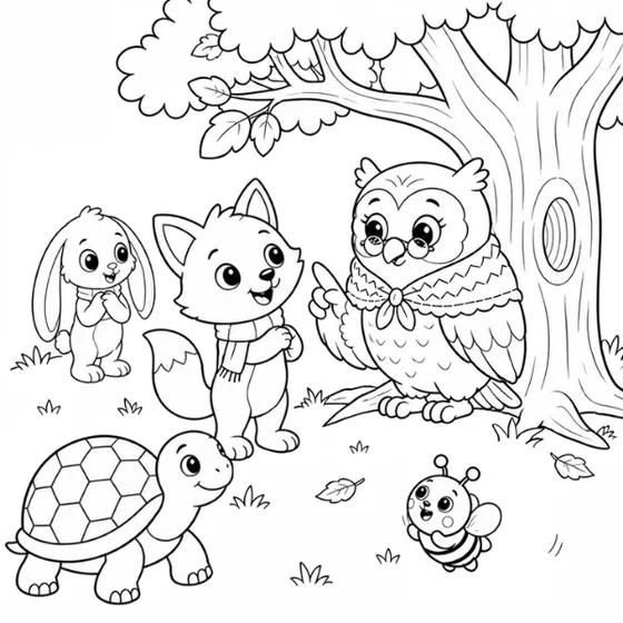 Line drawing to colour: Pip the fox, Grandma Hoot, Sprout, Tilly and Bumble together under a big tree