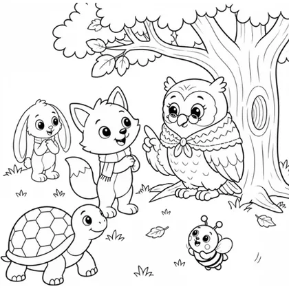 Colouring page: Pip and friends under the big oak