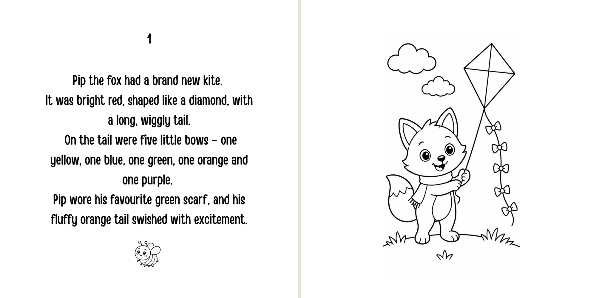 Sample spread: Pip has a brand-new red kite with five coloured bows on its tail.