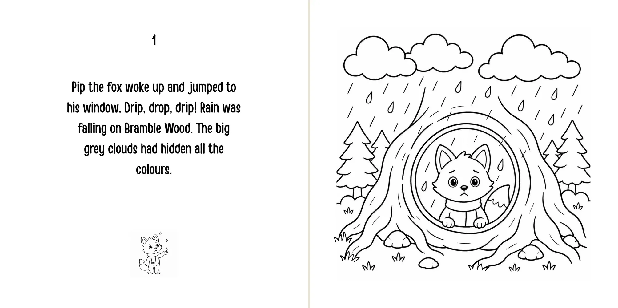 Sample spread: Pip wakes up and looks out of his window at the rain falling on Bramble Wood.