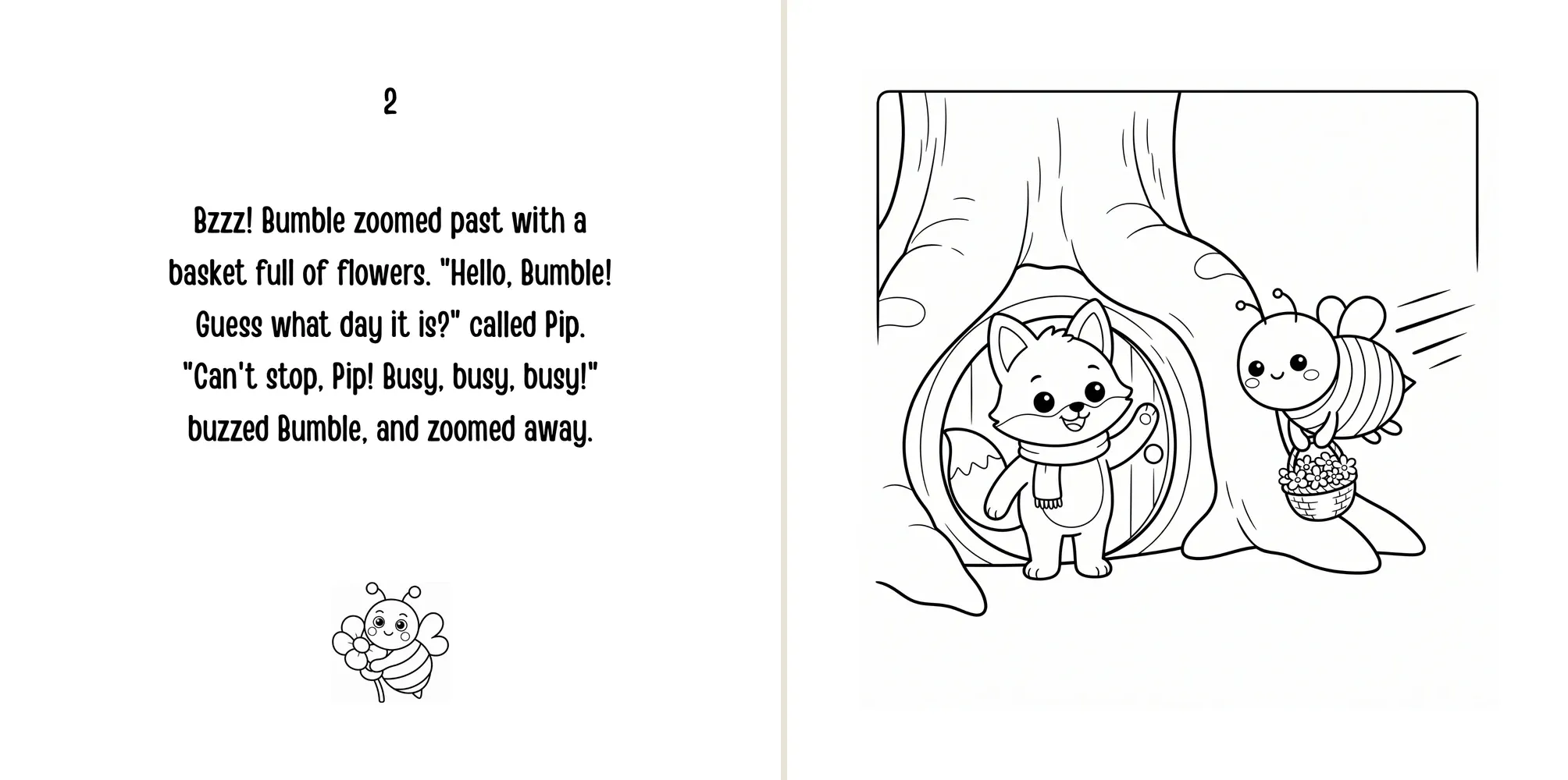 Sample spread: Bumble zooms past Pip's door with a basket of flowers, too busy to stop.