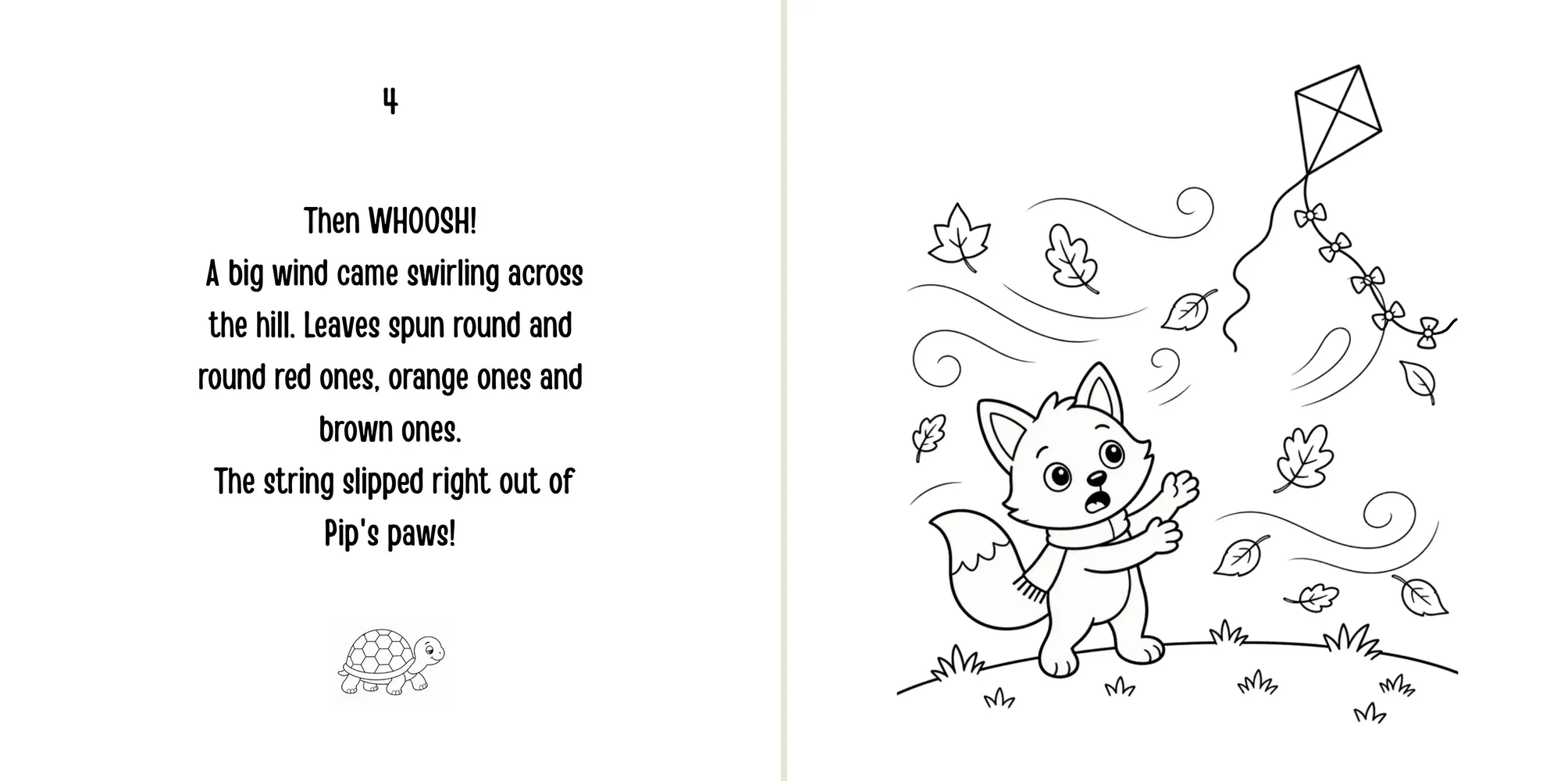 Sample spread: a big wind whooshes across the hill and the kite string slips out of Pip's paws.