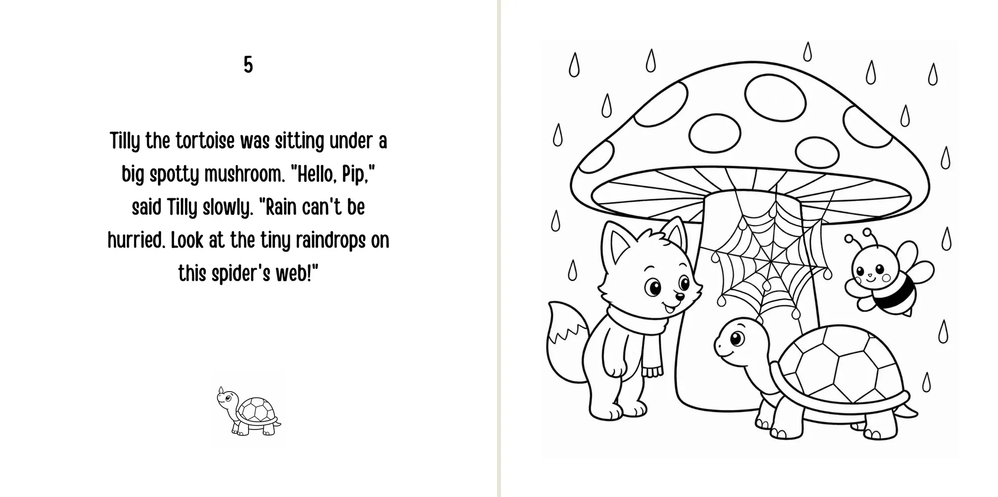 Sample spread: Pip and Bumble find Tilly sheltering under a big spotty mushroom.