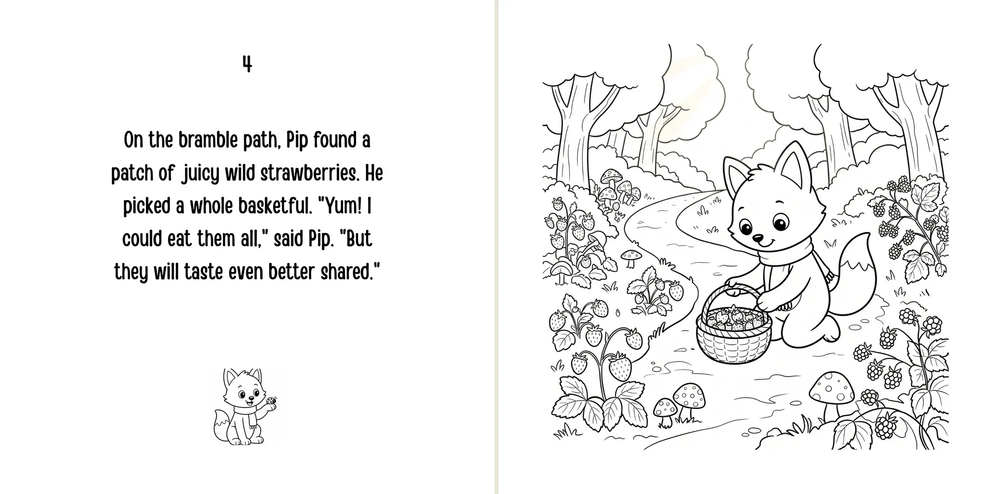 Sample spread: on the bramble path, Pip picks a basket of wild strawberries to share.