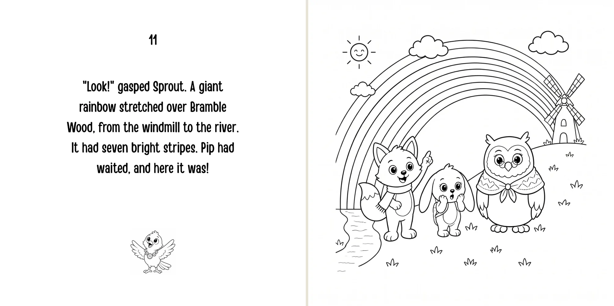 Sample spread: a giant rainbow stretches over Bramble Wood, from the windmill to the river.