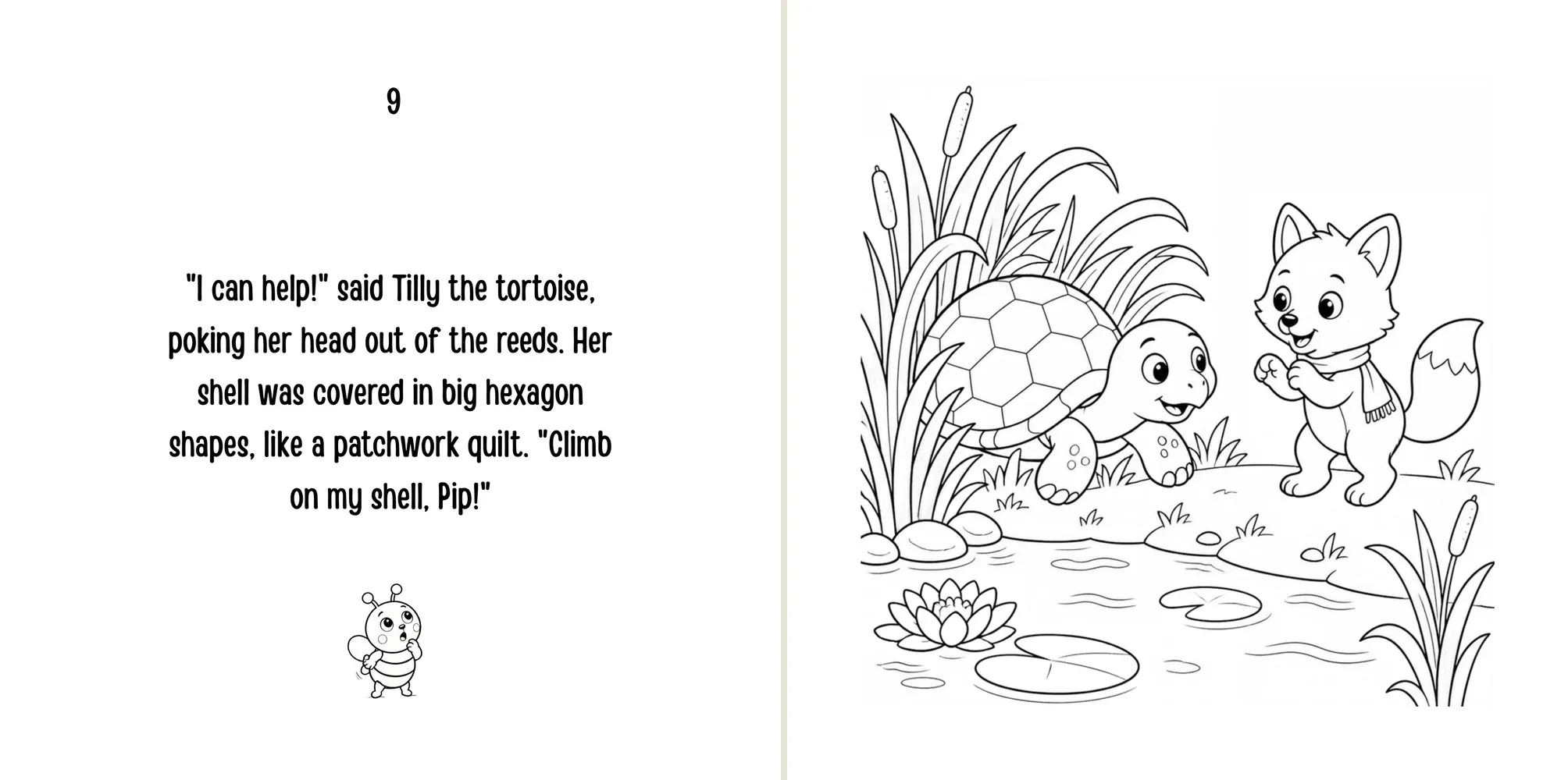 Sample spread: Tilly the tortoise offers to carry Pip across the river on her shell.