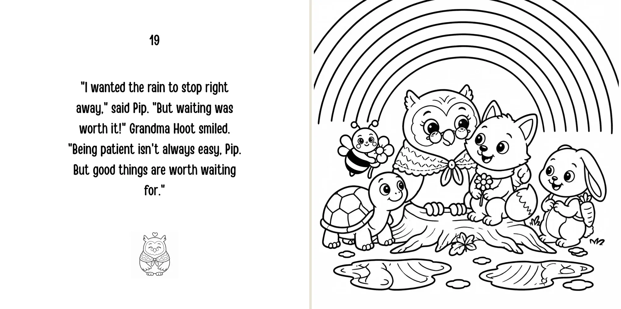 Sample spread: Grandma Hoot tells Pip that good things are worth waiting for.