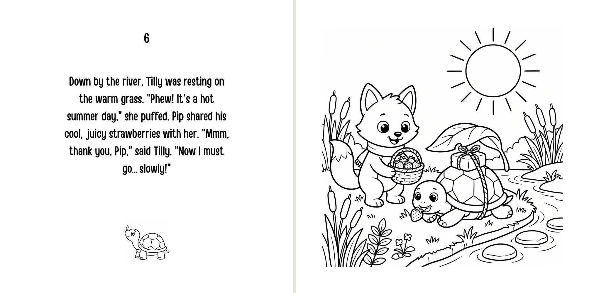 Sample spread: by the river on a hot day, Pip shares his strawberries with Tilly the tortoise.