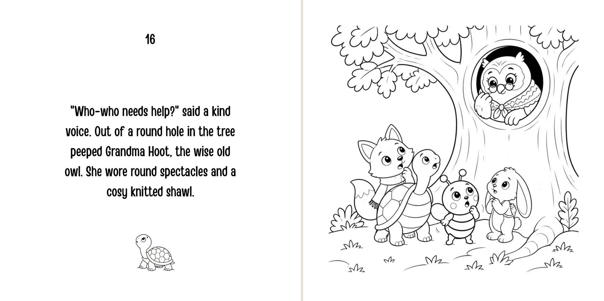Sample spread: Grandma Hoot peeps out of a round hole in the big oak and asks who needs help.